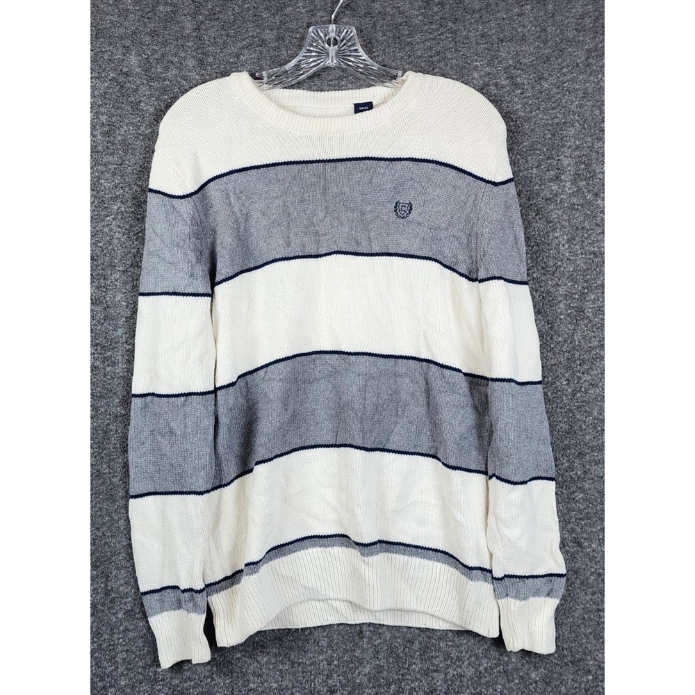 Chaps Striped Crewneck Sweater‎ Mens Small Grey Cream Cotton Pullover Logo